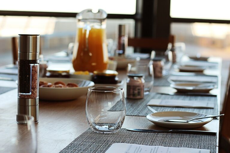 Restaurant table set for a breakfast event